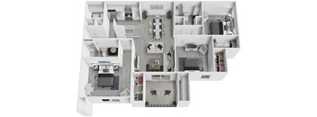 A white floor plan of a house with multiple rooms.