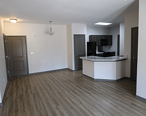 A kitchen area with a counter and cabinets.