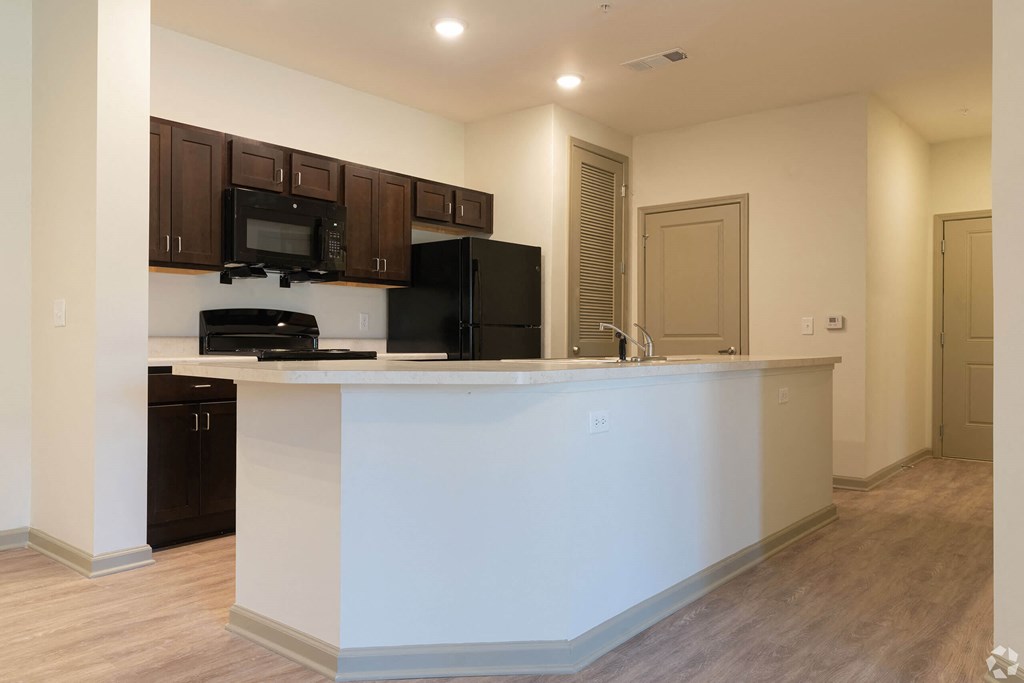 A kitchen with black appliances and brown cabinets. at Arbours at Villa Rica, LLC, Villa Rica, GA, 30180