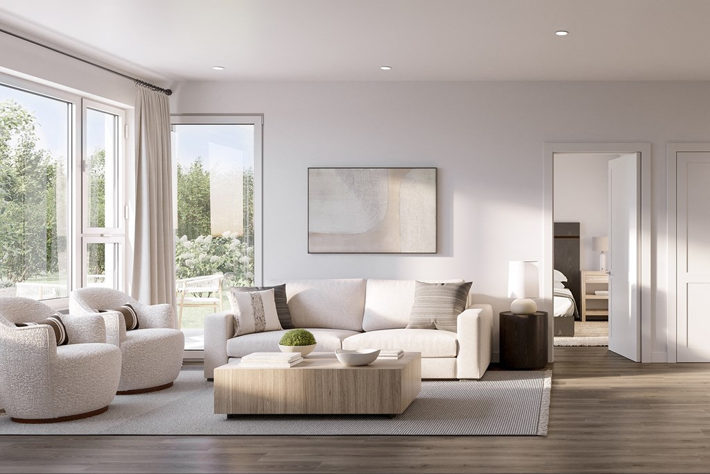 a rendering of a living room with a couch and a coffee table