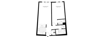 A black and white image of a floor plan for a living and dining room and a master bedroom.