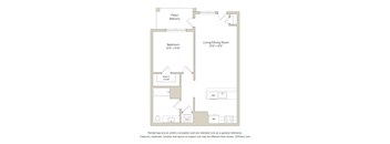 A floor plan of a small apartment with a bedroom, living/dining room, and a patio/balcony.