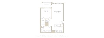 A floor plan of a small apartment with a bedroom, living/dining room, and a kitchen.