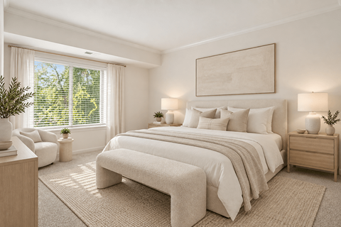 A bedroom with a large bed, a chair, and a potted plant.