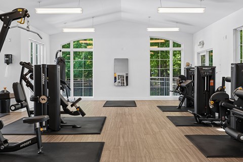 A gym with a variety of equipment including treadmills, weights, and exercise machines.