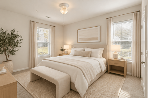 A bedroom with a large bed, a nightstand, and a plant.