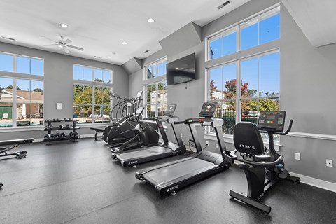 A spacious gym with treadmills, elliptical machines, and a television.