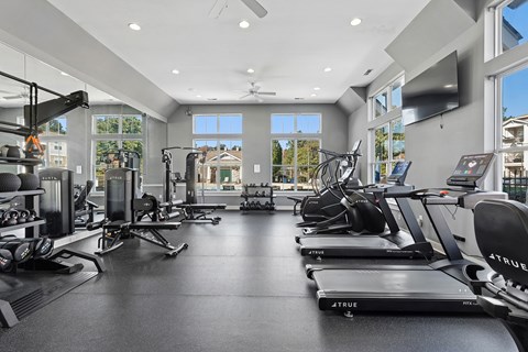 A well-equipped gym with treadmills, exercise bikes, and other fitness equipment.