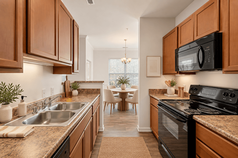 A kitchen with brown cabinets and a black microwave.