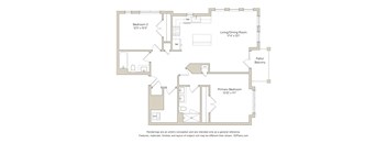 A floor plan of a house with a living room, two bedrooms, a bathroom, and a kitchen.