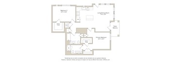 A floor plan of a home with a living/dining room, two bedrooms, a patio/balcony, and a primary bedroom.