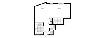A black and white floor plan of a house with a dining area and living room.