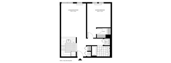A black and white image of a floor plan for a house with a living/dining room, a master bedroom, and a vaulted ceiling.