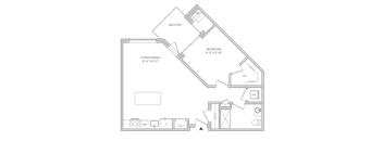 Floorplan of a 1bedroom 1 bath apartment with a balcony
