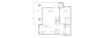 Floorplan of a 1 bedroom 1 bath apartment with a wraparound balcony