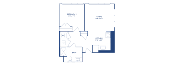 A floor plan of a house with a living room, kitchen, bathroom, and two bedrooms.
