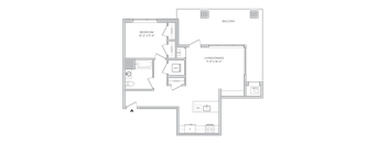 Floorplan of a 1 bedroom 1 bath apartment with a wraparound balcony