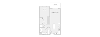 A floor plan of a residence with a balcony, bedroom, and living/dining room.