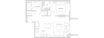 Floorplan of a one bedroom apartment with 621 square feet.