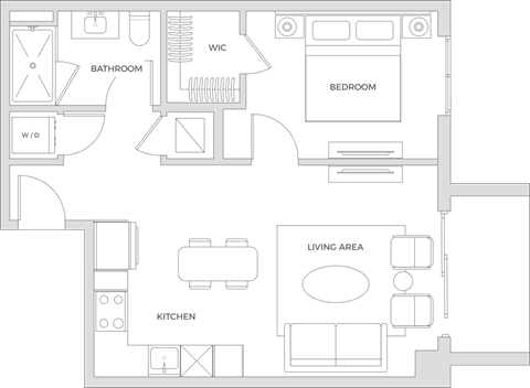Floorplan of a one bedroom apartment with 621 square feet.