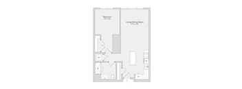 A floor plan of a room with a bedroom and a living/dining room.