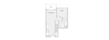 A floor plan of a house with a balcony, living/dining room, and a bedroom.