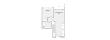 A floor plan of a small apartment with a bedroom, living/dining room, and a balcony.