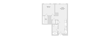 A floor plan of a room with a bed, a closet, a dining area, and a kitchenette.