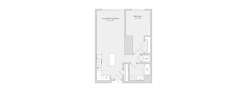 A floor plan of a small apartment with a living room, dining room, bedroom, and bathroom.