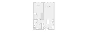 A floor plan of a room with a bed, a living/dining area, a W.I.D., a D.W., and a bathroom.