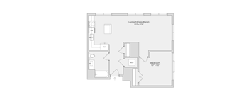A floor plan of a living and dining room with a bedroom.