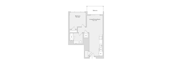 A floor plan of a house with a balcony, bedroom, and living/dining room.