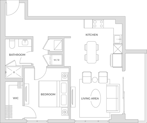 Floorplan of a one bedroom apartment with 710 square feet.