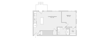 A floor plan of a living area with a bedroom, walk-in closet, and bathroom.