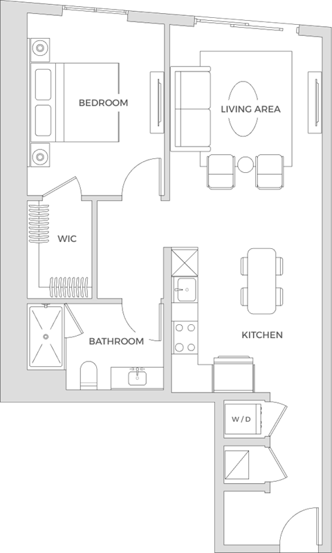 Floorplan of a one bedroom apartment with 801 square feet.