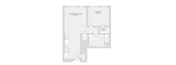 A floor plan of a room with a living/dining area, a bedroom, a walk-in closet, and a bathroom.