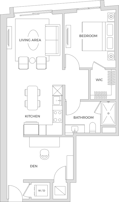 Floorplan of a one bedroom apartment with 829 square feet and a den.