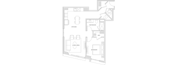 Floorplan of a one bedroom apartment with 845 square feet.