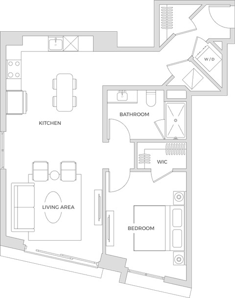 Floorplan of a one bedroom apartment with 845 square feet.