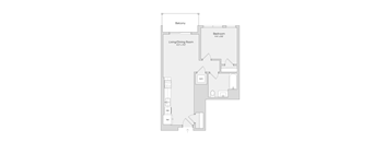A floor plan of a small apartment with a living room, dining room, kitchen, and bathroom.