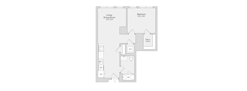 A floor plan of a room with a living/dining area, two bathrooms, a bedroom, and a walk-in closet.
