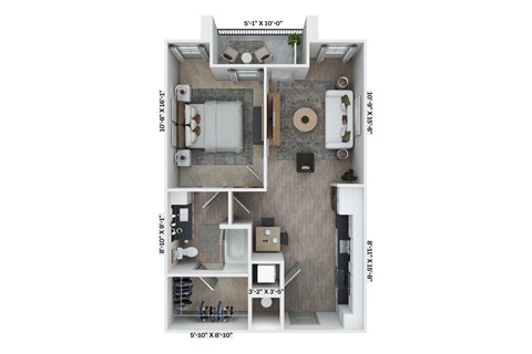 A floor plan of a small apartment with a kitchen, living room, and bathroom.