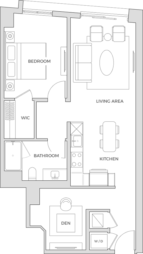 Floorplan of a one bedroom apartment with 872 square feet and a den.