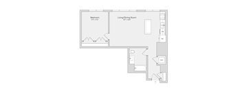 A floor plan of a small apartment with a bedroom and a living/dining room.