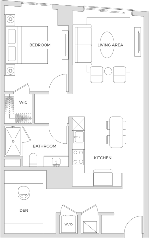 Floorplan of a one bedroom apartment with 901 square feet and a den.