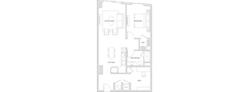 Floorplan of a one bedroom apartment with 915 square feet and a den.