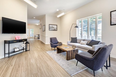 A living room with a grey chair and a white couch.