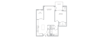 Floorplan of a 1 bedroom 1 bath apartment with a den and a balcony