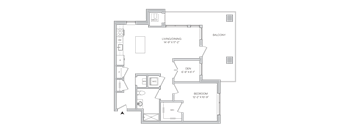 Floorplan of a 1 bedroom 1 bath apartment with a den and a wraparound balcony