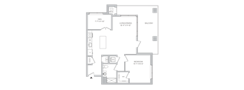 Floorplan of a 1bedroom 1bath apartment with a den and wraparound balcony